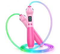 HappyGoLucky Cuerda para Saltar LED Niños con Contador, desde 3 Años | Pantalla LCD con Contador y Temporizador, 3 Modos de Luz, 8 Colores con 2 Botones Luminosos, Carga USB, Mango Unicornio