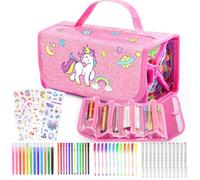 HappyGoLucky Maletin Pinturas para Niños Acuarelas Marcadores, Regalo Niña 3-10 años - Estuche para Niñas con 48 Pinceles y Pegatinas - Impermeable y Fácil de Limpiar - Regalos Navidad (Rosa)