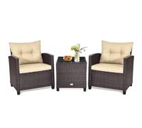 HAPPYGRILL Juego de muebles de patio de mimbre de ratán para exteriores, juego de sofá bistró con cojines lavables y mesa auxiliar de vidrio templado, 3 piezas