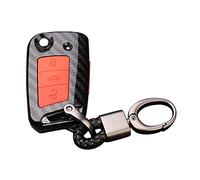Happyit ABS Carbón Fibra Cáscara + Silicona Caso de la Cubierta de la Llave del Coche Llavero para Volkswagen VW Landbeat Passat Tiguan Jetta POLO Bora New Sutton 3 Botones Remoto (Negro b + rojo)