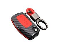 Happyit ABS Fibra de Carbono Shell + Silicona Llave del Coche Cubrir Caso Llavero para Ford Focus Mondeo Edge Fiesta Kuga MK4 Fusion Escort Ecosport (D Fibra de Carbono + Rojo)