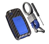 Happyit Carcasa de Fibra de Carbono ABS + Funda de Silicona para Llave de Coche Apto para VW Volkswagen Amarok Polo Golf 4 5 6 MK4 Bora Jetta 2 Botones (Azul)