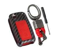 Happyit Carcasa de Fibra de Carbono ABS + Funda de Silicona para Llave de Coche Apto para VW Volkswagen Amarok Polo Golf 4 5 6 MK4 Bora Jetta 2 Botones (Rojo)