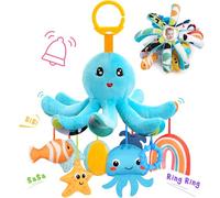 HappyKidsClub Pulpo de peluche para bebé 0-18 meses, con 8 juguetes sensores colgantes y espejo, motricidad para cochecito y cuna (lavable, algodón orgánico)