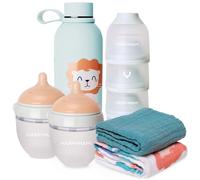 Happymami Pack Recién Nacido Premium - Set de Lactancia Completa: 2 Biberones Anticólicos, Termo Acero Inox, Dosificador de Leche y 2 Muselinas de Algodón - Kit Regalo Bebé y Paseo