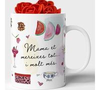 HappyMots Tassa Dia de la Mare en Català : inclou 4 mini roses de regal/Regal dia de la Mare/Tasses Originals per regalar Fetes a Ceràmica | Tasses Esmorzar | Apta Per al Microones i el Rentaplats