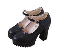 Happyyami 1 Par Zapatillas Jane Bombas Tacones para Mujer Tacones Gruesos De Cuero con Tacón Grueso con Punta Redonda Janes María Antideslizante Superior: PU Zapato De Las Mujeres