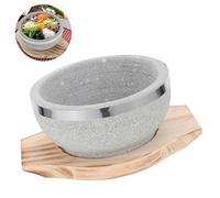Happyyami Cuenco para comida coreana con base de madera y bandeja de piedra 7.09X5.51X2.56 pulgadas mantiene la comida caliente y protege superficies en cocina casera