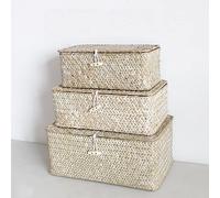 HAPYFURN Cesta de Almacenamiento Tejida a Mano con Tapa, Caja Rectangular de Ratán Natural para Juguetes, Ropa, Libros, Llaves, Organizador de Maquillaje Multifuncional, Juego de 3 Cestas de Estante