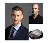 Hår för män Bio-Tupé for hombres 0,06-0,08 mm V-loop Piel de PU Unidad de sistema de cabello frontal de encaje Tupé for hombres 8x10 "Prótesis de cabello masculino duradera #1B Postizo natural Toupé f