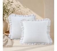 HaraDeco 2 Fundas Cojín Raya Volantes Efecto Fleco Lisa(Blanco Volantes, Pack 2 Funda Cojín 45x45cm)