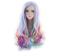 Harajuku ita Long Wavy Rainbow Wig With Bangs Synthetic Hair Cosplay Costume Party Colored Wigs For Women 65cm OneSize colorful2