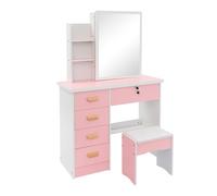 HarBin-Star - Tocador, mesa de vestir, tocador con espejo, 5 cajones y taburete, maquillaje moderno dormitorio, 80 × 35 × 128 cm (rosa)