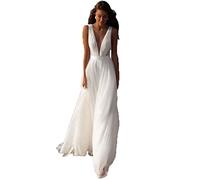 HARBINGG Vestido de Novia de Playa de Bodas, Sirena sin Mangas, Vestido de Doble Cuello en V, Blanco, 10