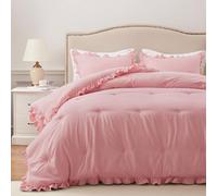 HARBOREST Juego de edredón tamaño Queen, edredón Rosa con Volantes para Cama tamaño Queen, Juego de edredón Esponjoso, Ropa de Cama de 3 Piezas Shabby Chic con 1 edredón y 2 Fundas de Almohada