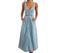 Harewtwy Vestido Vaquero Maxi con Tirantes para Mujer, Sin Mangas, de Verano, Ajustado y con Cuello Halter. Azul L