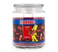 Haribo - Vela aromática en tarro de cristal con tapa, aroma a cereza cola, afrutado, color rojo, grande (510 g), largo tiempo de combustión (100 h)