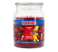 Haribo - Vela aromática en tarro de cristal con tapa, aroma a cereza cola, afrutado, color rojo, grande (510 g), largo tiempo de combustión (100 h)