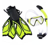 Harilla Aletas y Máscara Set de Snorkel Completo Visión Clara Gafas Lente Resistente a Impactos Tubo Seco Cierre Flotante Aletas Regulables, Amarillo, S
