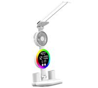 Harilla Lámpara de Escritorio LED Ajustable con Doble Cabezal Bolígrafo Soporte con Reloj Digital Control Táctil Plegable Regulable Adecuada para Lectura, Ventilador de Reloj