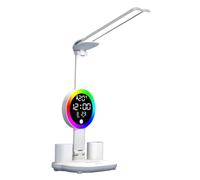 Harilla Lámpara de Escritorio LED Ajustable con Doble Cabezal Bolígrafo Soporte con Reloj Digital Control Táctil Plegable Regulable Adecuada para Lectura, Reloj