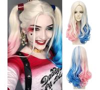 Harley Quinn Peluca larga para mujer, disfraz de villano, disfraz de Quinn, rubio, azul y rosa, para carnaval, Halloween, carnaval, fiestas