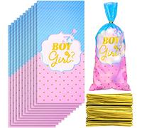 Harloon 100 bolsas de dulces para revelar género, bolsas temáticas, bolsas de plástico para baby shower y 150 piezas metálicas Twist Lazos de caramelo para revelar el género suministros para fiestas