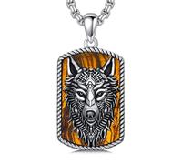 HARMONY BOLA Collar vikingo de plata de ley 925 con colgante de lobo de ojo de tigre para hombres y mujeres, 22 in, Plata esterlina, No es una piedra preciosa