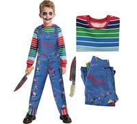 HarnyLoom Chucky Disfraz Niños Adultos Disfraz de Chucky Halloween Asesino Muñeco Niñas y Hombres Sangriento Camisetas Overoles Fiesta de Halloween Cosplay (Niños, 140 (8-10 años))