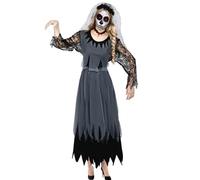 HarnyLoom Conjunto de novia fantasma para mujer vestido negro cadáver de sangre vestido de novia para adultos velo de Halloween diadema disfraz de novia zombi muerta para fiesta (M)