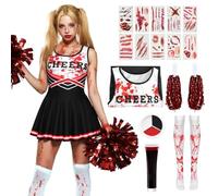 HarnyLoom Disfraz Animadora Zombie Niña, Disfraz Zombie Niña Mujer Sangre Uniforme con Pompones Calcetines Ensangrentados Halloween Cosplay (Negro - Adulto, L)