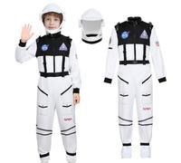 HarnyLoom Disfraz de Astronauta para Niños, Disfraz Espacial Disfraces de Halloween Niños Niñas Niños Casco Uniforme Mono Trajes Disfraz de Fiesta para el día del Libro (Blanca, 110 (3-4 años))
