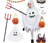 HarnyLoom Disfraz de Fantasma Niño Halloween Capa con Capucha Blanca Fantasma Niña Disfraz Infantil Diablo con Bolsa de Calabaza Fiestas Cosplay 3-12 años (Estilo infantil 2, 4~6 años)