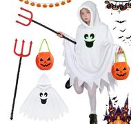 HarnyLoom Disfraz de Fantasma Niño Halloween Capa con Capucha Blanca Fantasma Niña Disfraz Infantil Diablo con Bolsa de Calabaza Fiestas Cosplay 3-12 años (Estilo infantil 1, 10~11 años)