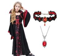 HarnyLoom Disfraz de Halloween de Vampiro Vestido y Accesorios para Niña Bruja Reina Vampiresa Sacerdotisa Carnaval Cosplay Gótico (Rojo, 140CM)