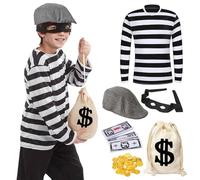 HarnyLoom Disfraz de Ladrón Niños Disfraces de Ladrones de Bancos Niña Disfraz de ladrón Camiseta de Manga Larga Boina Máscara Bolsa de Cordón Criminal Carnaval Fiesta Cosplay Halloween (XL)