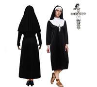 HarnyLoom Disfraz de monja para mujer, disfraz de monja con accesorios, collar de cruz plateada, cinturón, fiesta de Halloween, cosplay (Blanco negro, XL)