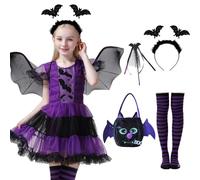 HarnyLoom Disfraz de murciélago vampiro de Halloween para niñas Vestido de tutú de murciélago con alas de murciélago Diadema Bolsa de dulces Traje de varita mágica Fiesta Prince (130 (7-9 años))