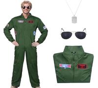 HarnyLoom Disfraz de piloto de combate para hombre y adulto, conjunto de Cosplay para fiesta de Halloween, Carnaval, Navidad, con placa con nombre y gafas (M)