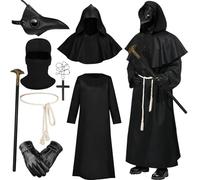 HarnyLoom Disfraz Medico Peste Negra para Adultos Plague Doctor Costume con Mascara Set de Accesorios Capa con Capuchade Medieval Steampunk Fiestas de Halloween y Carnaval Cosplay (Negra 1, M)