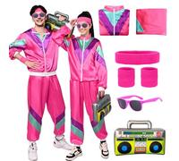 HarnyLoom Disfraz retro de los años 80 y 90 para adulto traje con accesorio ropa estilo pop con radio inflable gafas de sol y banda fiestas despedida de soltero chándal chaqueta (Rosa, 2XL)
