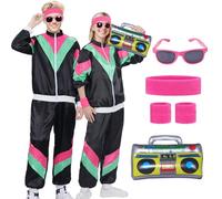 HarnyLoom Disfraz retro de los años 80 y 90 para adulto traje con accesorio ropa estilo pop con radio inflable gafas de sol y banda fiestas despedida de soltero chándal chaqueta (Negra, M)