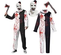 HarnyLoom Disfraz Terrifier Adulto, Terror Asesino Sangriento Disfraceso con Terrifier Mascara Blanco y Negro Mono para Hombre Mujer Accesorios Halloween Carnaval Cosplay (3XL)