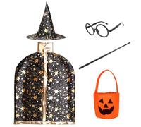 HarnyLoom Mago Niños Niña Disfraz Capa Halloween, Bruja Capa Sombrero Calabaza Bolsa Niños Disfraces Juego de rol Accesorios Accesorios Set Cosplay Fiesta (Negra)