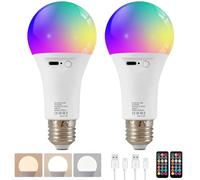 HARPER LIVING Bombilla LED recargable con mando a distancia, casquillo E27 Edison, regulable, 9 colores, lámpara RGB A60, batería de 2000 mAh, inalámbrica, para apliques y lámparas de mesa.