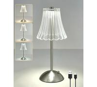 HARPER LIVING Lámpara de mesa recargable de níquel satinado, lámpara de escritorio LED a pilas, 3 colores e intensidad ajustable, lámpara de lectura inalámbrica con control táctil para dormitorio