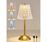 HARPER LIVING Lámpara de mesa recargable, lámpara de escritorio LED alimentada por batería, luz de lectura de cabecera regulable con 3 colores y acabado dorado pulido, lámparas inalámbricas táctiles