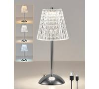 HARPER LIVING Lámpara de mesa recargable, lámpara de escritorio LED que funciona con pilas, 3 colores y regulable, luz de lectura de mesita de noche, acabado cromado pulido, lámparas táctiles