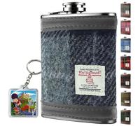 Harris Tweed HF2100 - Juego de regalo de petaca de acero inoxidable de 6 onzas, tartán gris y negro, juego de regalo a cuadros verde oscuro y ciruela para hombres, para whisky, ron, novios, mejor