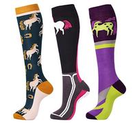 Harrison Howard 3 pares de calcetines de equitación de alta calidad para montar a caballo y botas altas para mujer, Negro gris/verde flequillo/púrpura, L